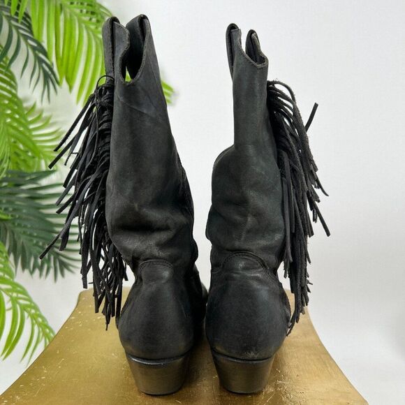 Women's Vintage 90s Black Cowgirl Western Biker Fringe Leather Boots / 8 - Picture 4 of 11